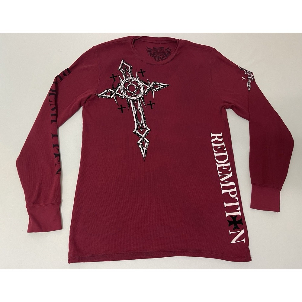 Raw State Mens Size L Red Shirt Long Sleeve Thermal‎ Pullover Graphic Print Y2K